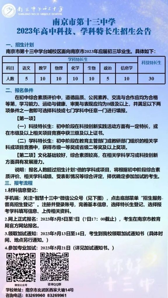南京市第十三中学2023年科技、学科特长生招生公告