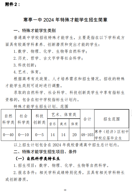 寒亭一中 2024 年普通高中招生简章